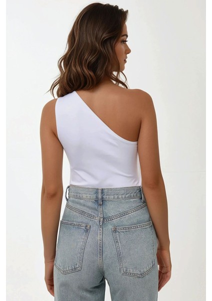 Kadın Slim Fit Asimetrik Yaka Body Üst White