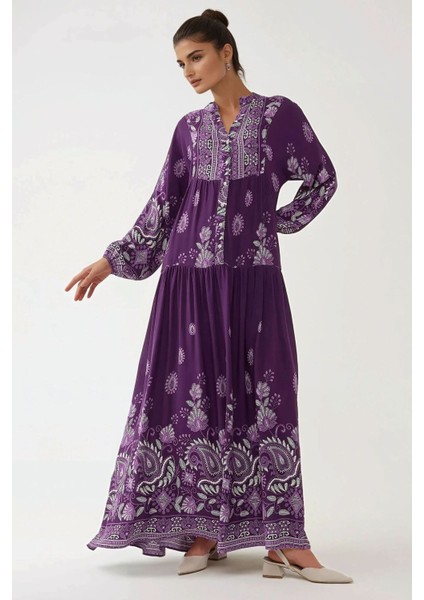 Kadın Baskılı Uzun Kol Viskon Modest Elbise Purple