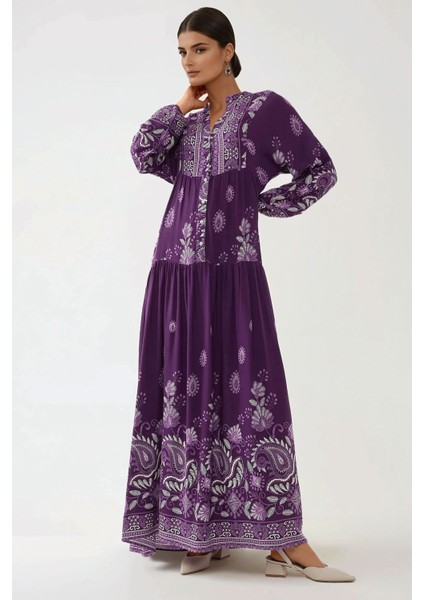 Kadın Baskılı Uzun Kol Viskon Modest Elbise Purple