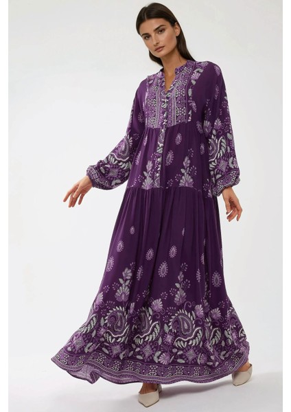 Kadın Baskılı Uzun Kol Viskon Modest Elbise Purple