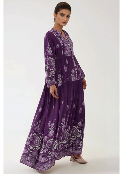 Kadın Baskılı Uzun Kol Viskon Modest Elbise Purple