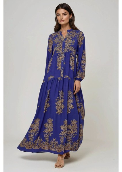 Kadın Gömlek Yaka Desenli Viskon Modest Elbise Blue