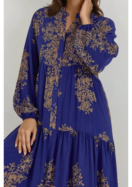 Kadın Gömlek Yaka Desenli Viskon Modest Elbise Blue