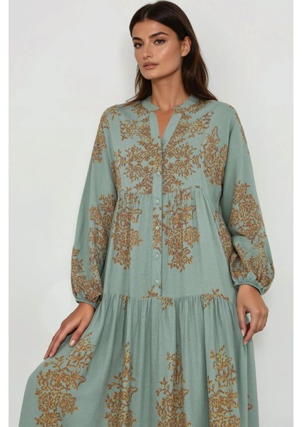 Kadın Gömlek Yaka Desenli Viskon Modest Elbise Green