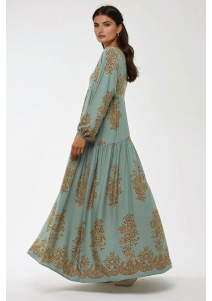 Kadın Gömlek Yaka Desenli Viskon Modest Elbise Green