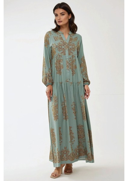 Kadın Gömlek Yaka Desenli Viskon Modest Elbise Green