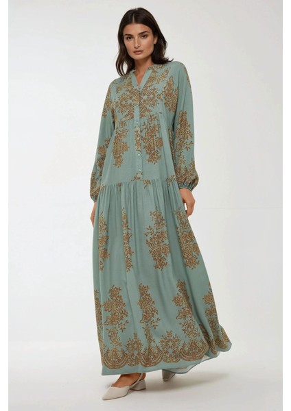 Kadın Gömlek Yaka Desenli Viskon Modest Elbise Green