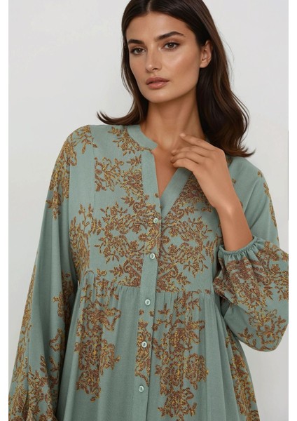 Kadın Gömlek Yaka Desenli Viskon Modest Elbise Green