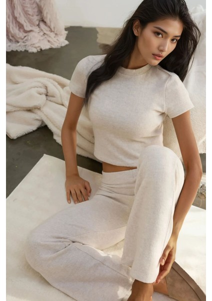 Kadın Slim Fit Triko Crop Bluz Natural