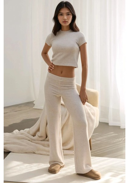 Kadın Slim Fit Triko Crop Bluz Natural