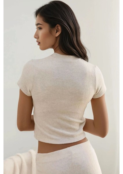 Kadın Slim Fit Triko Crop Bluz Natural