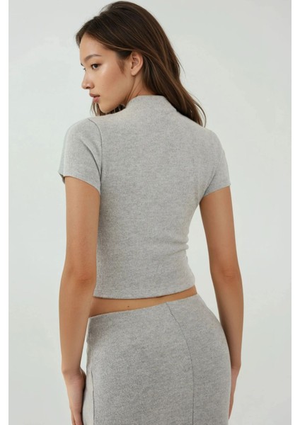 Kadın Slim Fit Triko Crop Bluz Grey