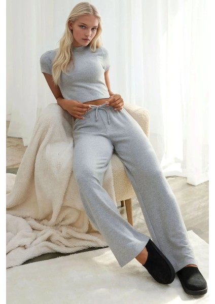 Kadın Slim Fit Triko Crop Bluz Grey