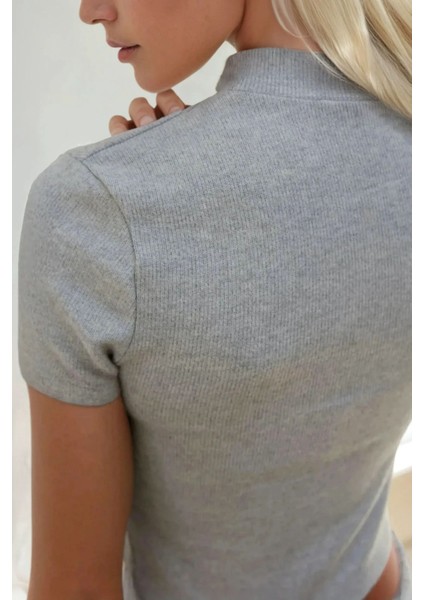 Kadın Slim Fit Triko Crop Bluz Grey