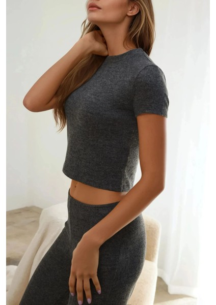 Kadın Slim Fit Triko Crop Bluz Grey