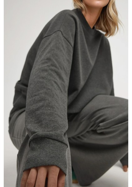 Kadın Oversize Bisiklet Yaka Basic Sweatshirt Arduvaz Grisi