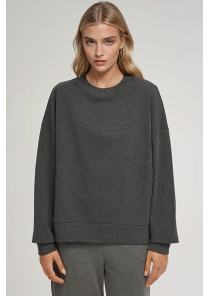 Kadın Oversize Bisiklet Yaka Basic Sweatshirt Arduvaz Grisi