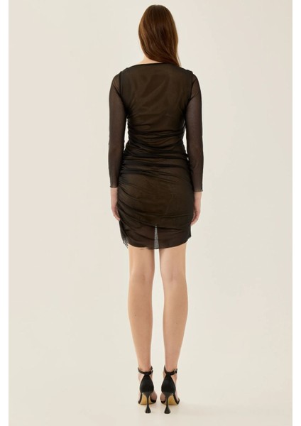 Kadın Uzun Kollu Drapeli Bodycon Mini Elbise Black