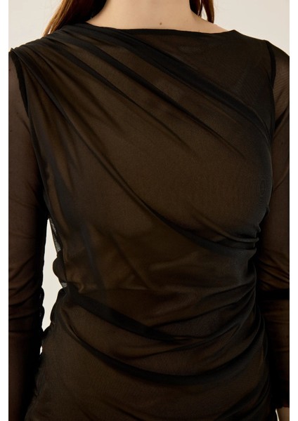 Kadın Uzun Kollu Drapeli Bodycon Mini Elbise Black