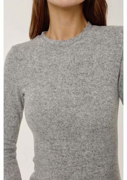 Kadın Yuvarlak Yaka Desenli Maxi Elbise Grey