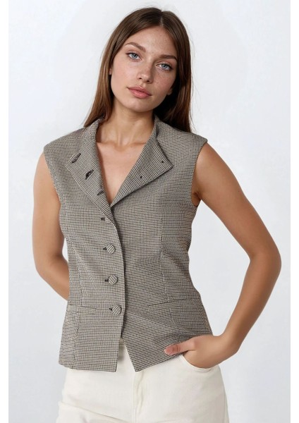 Kadın Kareli Desenli Bisiklet Yaka Yelek Multicolor