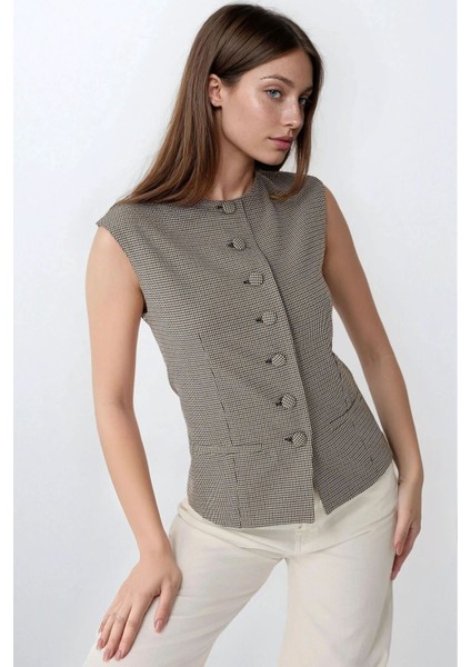 Kadın Kareli Desenli Bisiklet Yaka Yelek Multicolor