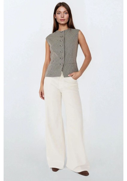 Kadın Kareli Desenli Bisiklet Yaka Yelek Multicolor