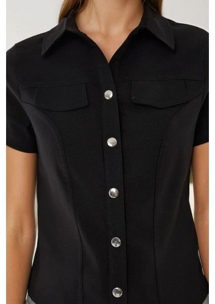 Kadın Regular Fit Kısa Kollu Gömlek Black