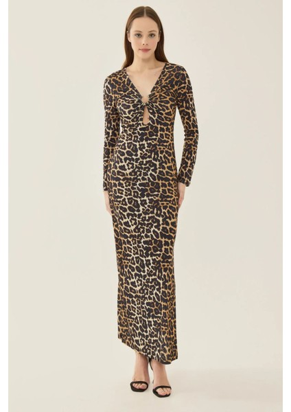 Kadın Leopar Desenli Bodycon Uzun Elbise, Yırtmaçlı Brown