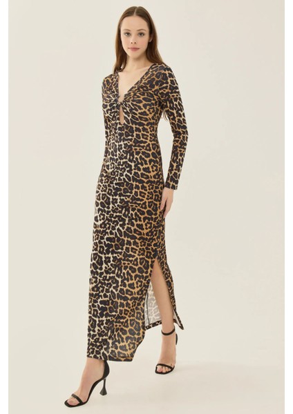 Kadın Leopar Desenli Bodycon Uzun Elbise, Yırtmaçlı Brown