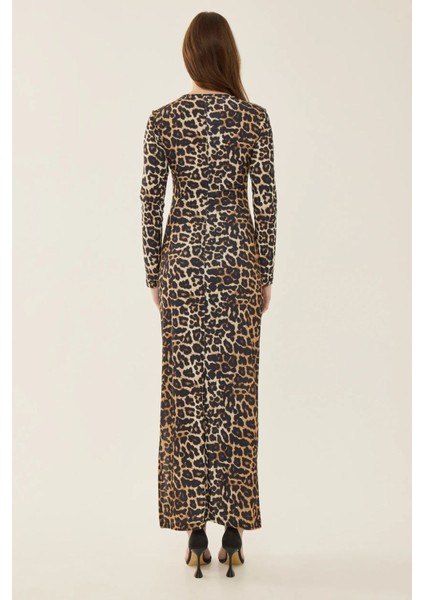 Kadın Leopar Desenli Bodycon Uzun Elbise, Yırtmaçlı Brown