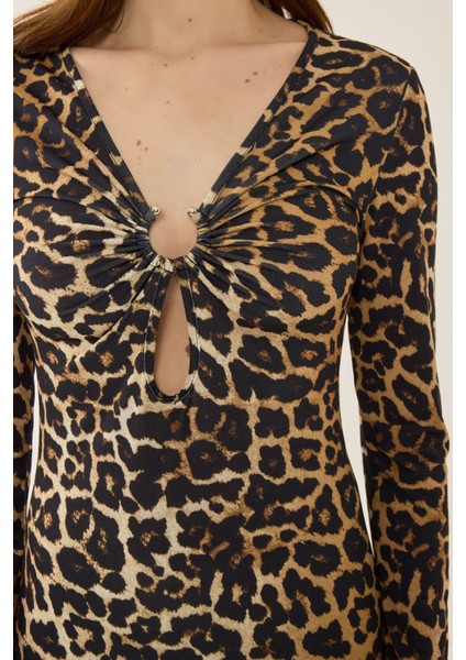 Kadın Leopar Desenli Bodycon Uzun Elbise, Yırtmaçlı Brown