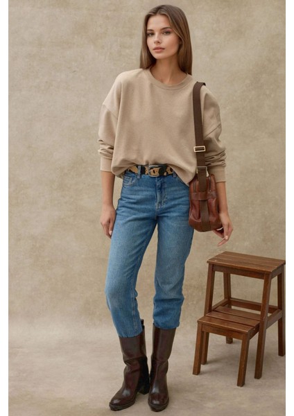 Kadın Oversize Bisiklet Yaka Basic Sweatshirt Natural