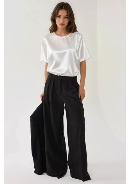 Kadın Yüksek Bel Plise Palazzo Pantolon Siyah