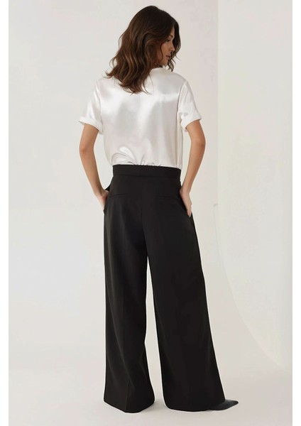 Kadın Yüksek Bel Plise Palazzo Pantolon Siyah