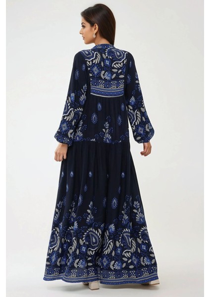 Kadın Baskılı Uzun Kol Viskon Modest Elbise Blue