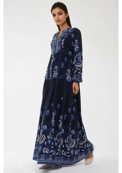 Kadın Baskılı Uzun Kol Viskon Modest Elbise Blue