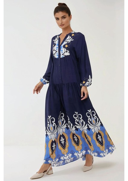 Kadın Baskılı Uzun Kol Viskon Modest Elbise Blue