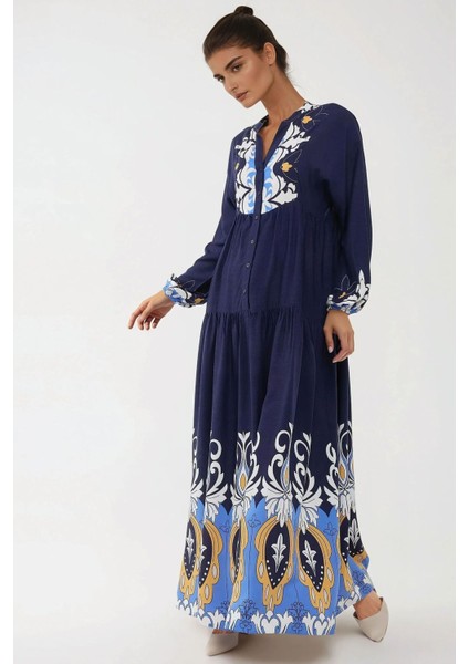 Kadın Baskılı Uzun Kol Viskon Modest Elbise Blue