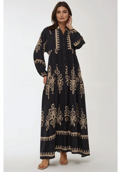 Kadın Baskılı Uzun Kol Viskon Modest Elbise Black
