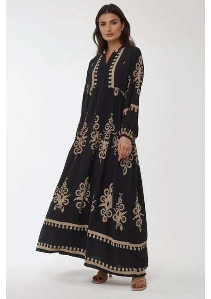 Kadın Baskılı Uzun Kol Viskon Modest Elbise Black