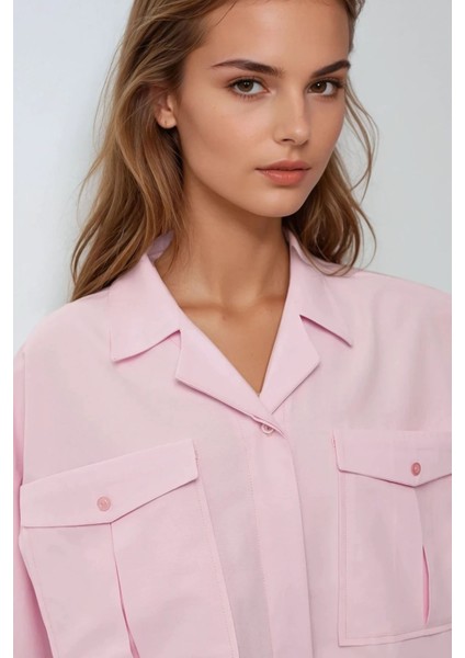 Kadın Zarf Cepli Kısa Gömlek Pink