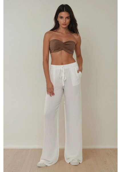 Kadın Beli Lastikli Keten Görünümlü Rahat Kesim Pantolon White