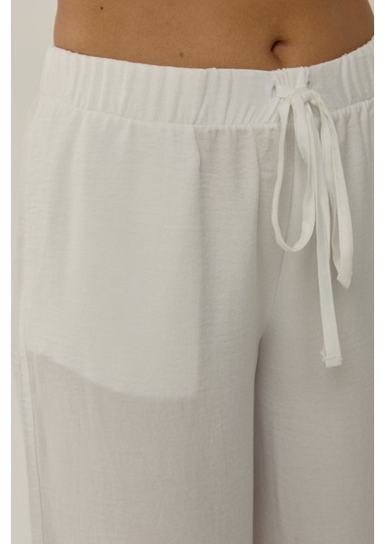 Kadın Beli Lastikli Keten Görünümlü Rahat Kesim Pantolon White
