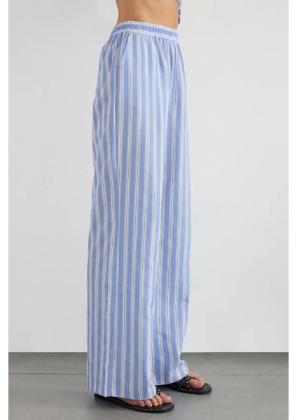 Kadın Lastikli Bel ile Geniş Paça Çizgili Pantolon Blue