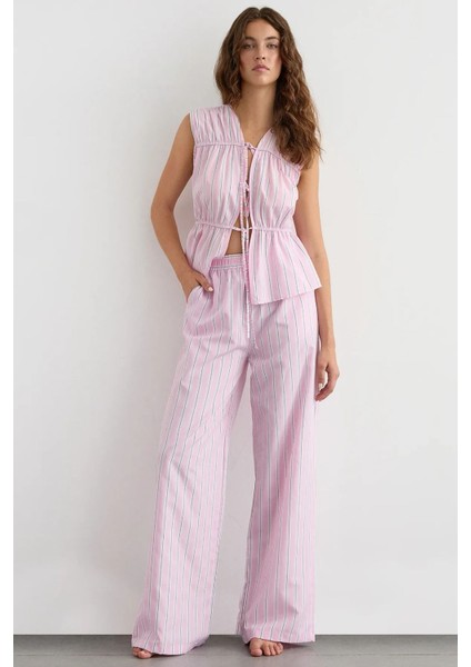 Kadın Lastikli Bel ile Geniş Paça Çizgili Pantolon Pink