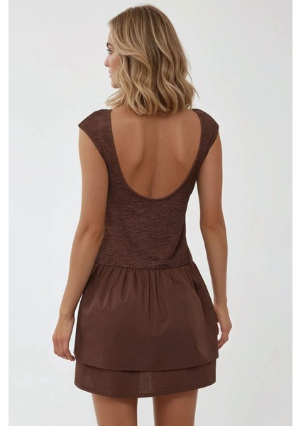 Kadın Dokulu Kolsuz Mini Elbise Kahverengi