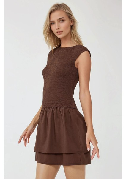 Kadın Dokulu Kolsuz Mini Elbise Kahverengi