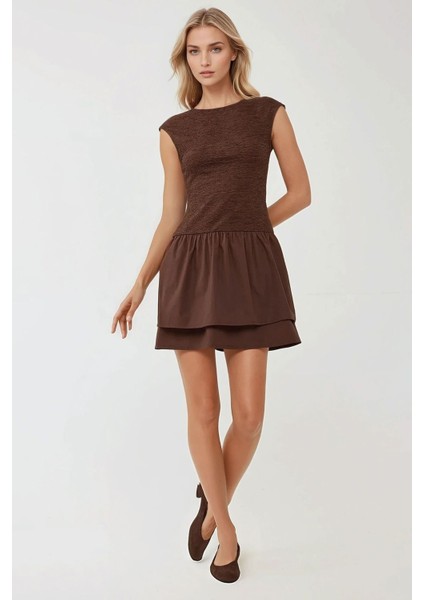 Kadın Dokulu Kolsuz Mini Elbise Kahverengi