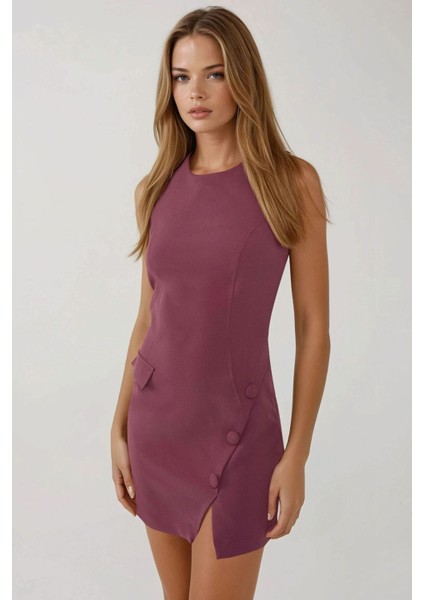 Kadın Düğmeli Fitted Bisiklet Yaka Mini Elbise Purple